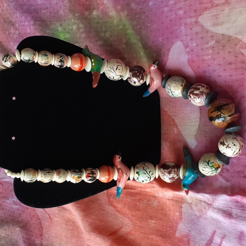 2/$14.00 very original necklace with painted wooden beads and birds